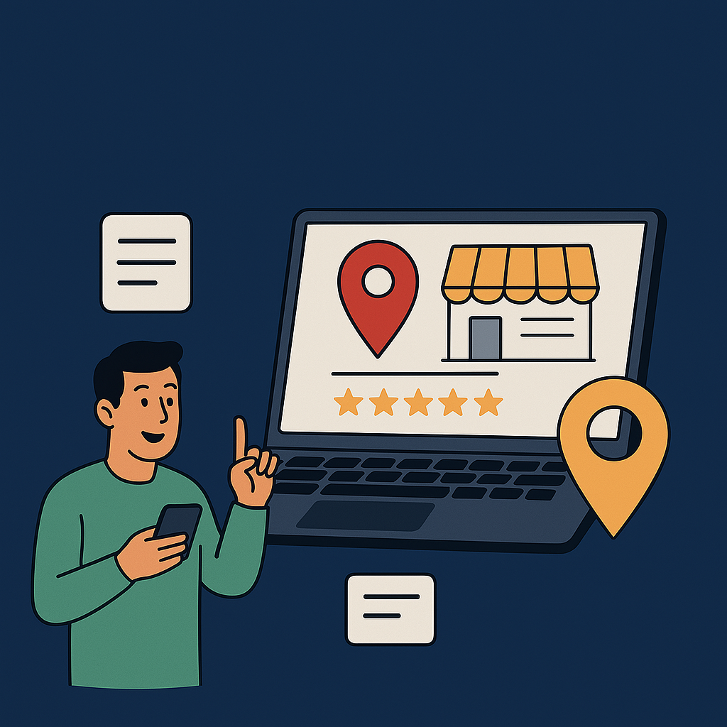 Illustration of a man holding a smartphone and pointing, next to a laptop showing a local business with a map pin, star rating, and storefront