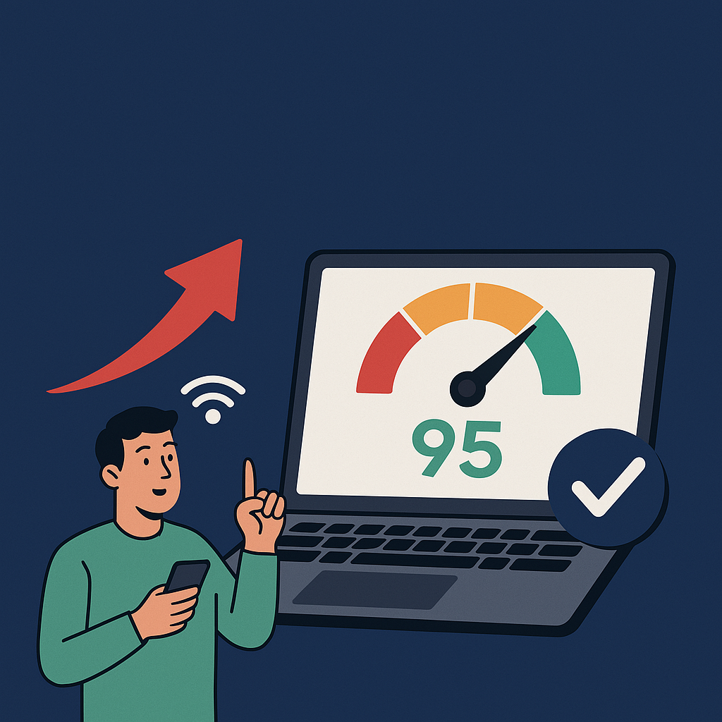 Illustration of a man holding a smartphone, with an upward arrow, a Wi-Fi icon, and a laptop showing a performance score of 95 in the green zone