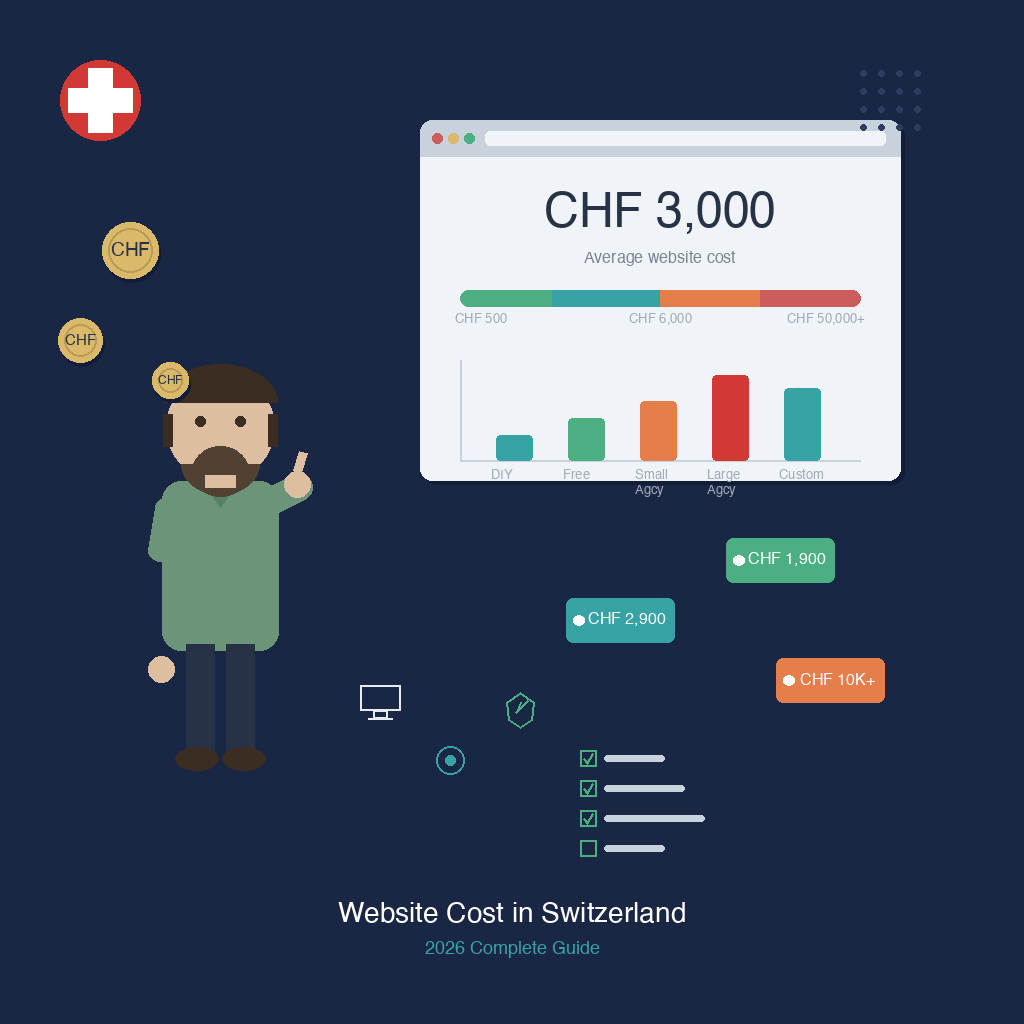 Illustration of a bearded man pointing at a browser window showing CHF 3,000 average website cost, with a price range bar, bar chart comparing DIY to agency costs, Swiss cross, CHF coins, and price tags