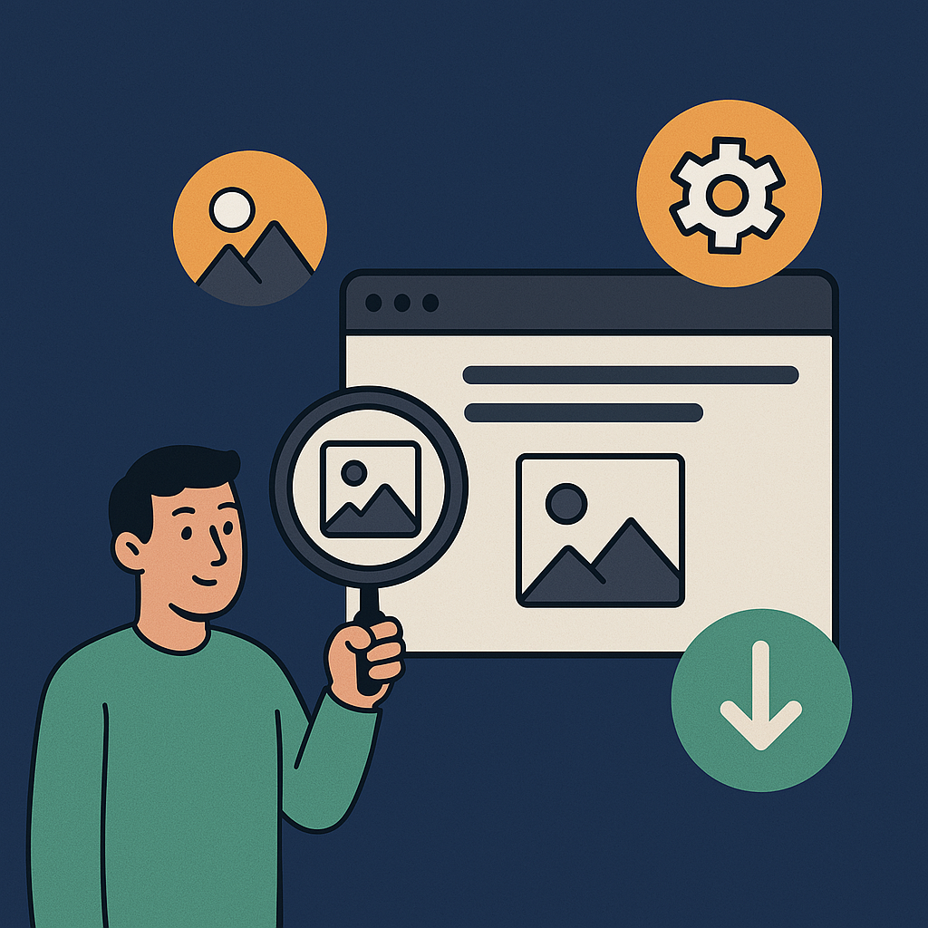 Illustration of a man analyzing a webpage with a magnifying glass, surrounded by icons representing images, settings, and optimization